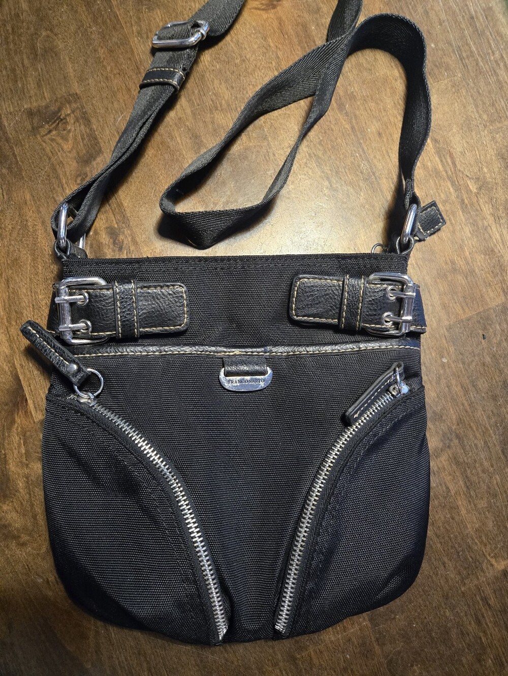 Franco Sarto Black Nylon Crossbody Bag Multi-Pocket Travel Messenger Purse